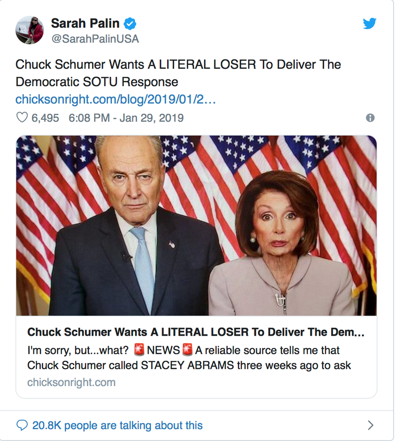Illustration for article titled Sarah Palin Calls Stacey Abrams a ‘Literal Loser’ and Twitter Quickly Reminds Her That She’s Sarah Palin
